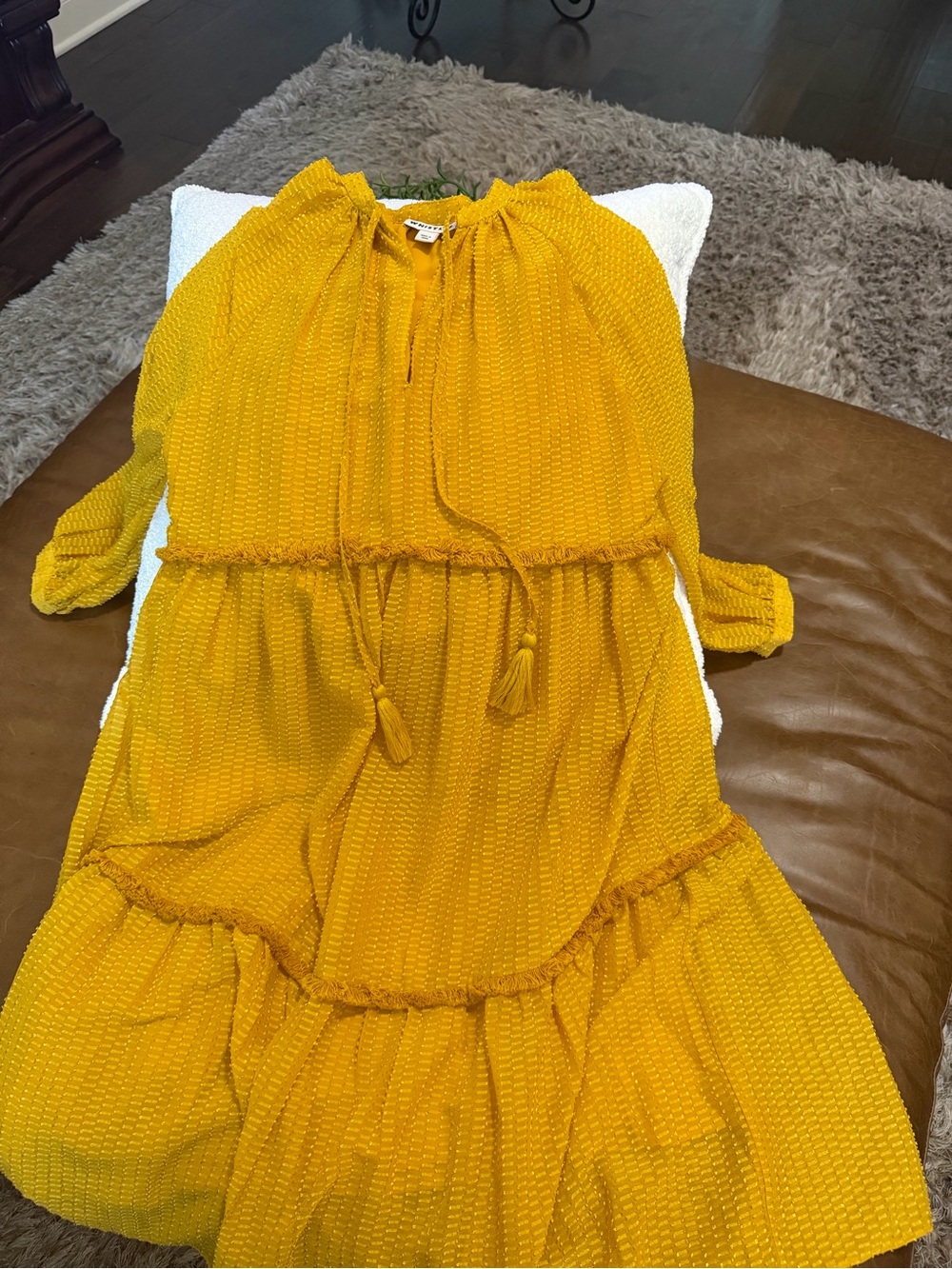 Whistles Mustard Tiered Midi Dress with Tassel Tie